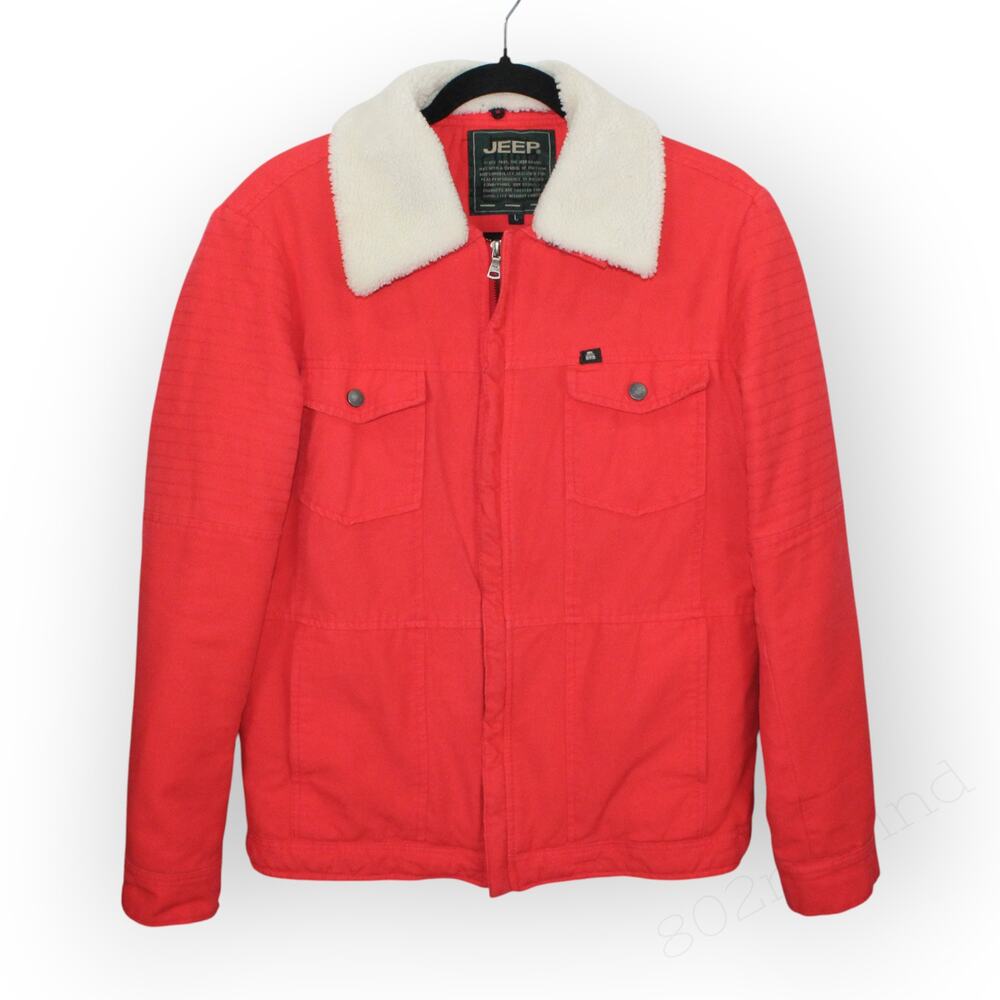 Vintage JEEP Canvas Sherpa-Lined Jacket Trucker Utility RemovableCollar